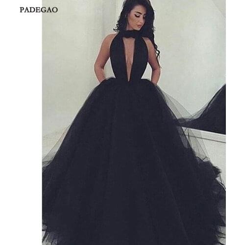 Hot Sale Black Evening Dresses A-Line Party Dress Sexy Deep V Neck Sleeveless Tulle Long Evening Dress For Woman