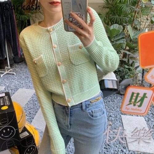 Cardigan Women Chic Straight Green Preppy Style Autumn Cropped Female Ins Single Breasted Ulzzang Students Patchwork Knitwear