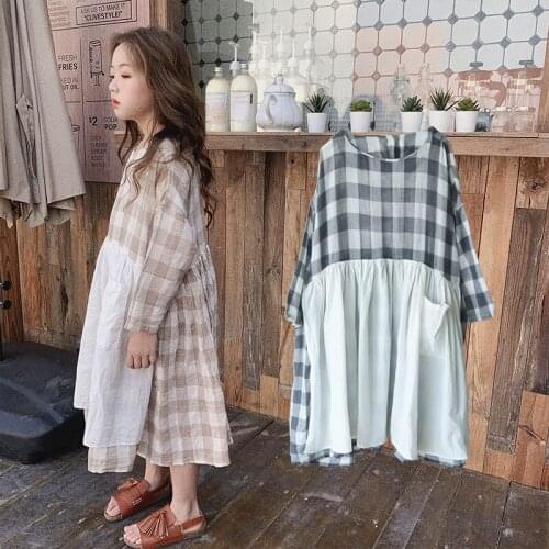 Teens Girls Checked Patchwork Dress for Kids Plaid Cotton Fall Fashion Clothing Korean Designer Pocket Casual Dress