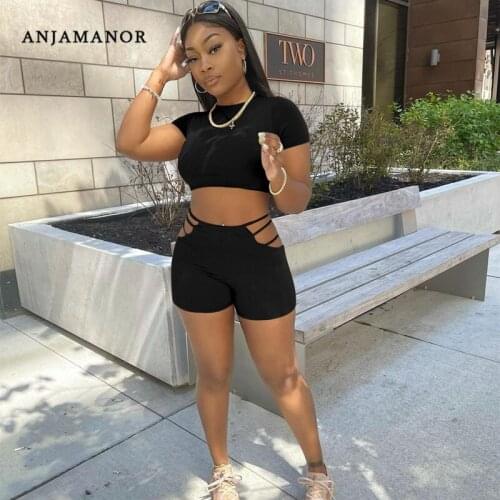 ANJAMANOR Ladies Two Piece Outfits Sexy Solid Hollow Out Shorts Crop Top Matching Sets Bulk Items Wholesale Lots D36-BF21