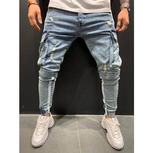 Men Stretchy Slim fit pocket Jeans 2021 fashion Casual Stripe Tearing Patchwork Hip hop sweatpants European large size