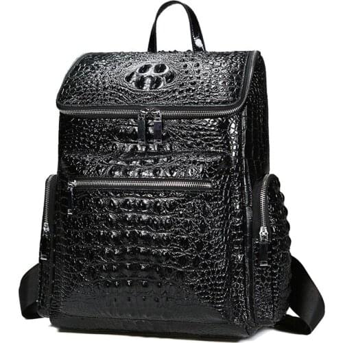 First Layer Cowhide Alligator Pattern Mens Backpack Fashion Trend Genuine Leather Schoolbag Large Capacity Leisure Rucksack