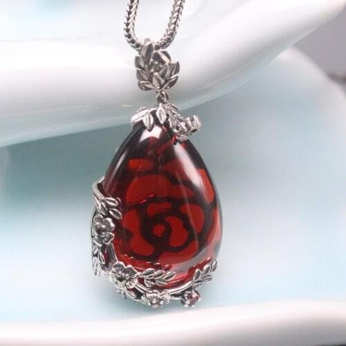 Real 925 silver Necklace for Women Red Garnet Raindrop Pendant Wheat Chain Necklace Jewelry 20inch Gift
