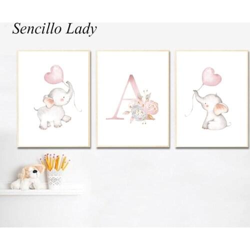 Personalised Pink Floral Letter Nursery Poster Elephant Animal Canvas Art Painting Print Wall Picture Baby Girl Bedroom Decor