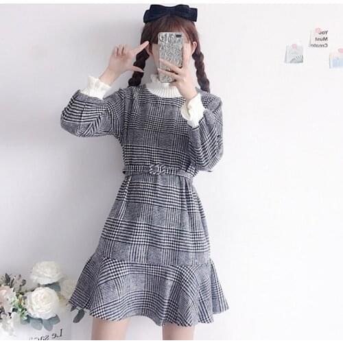 Autumn dress 2018 Korean version of the new fresh grid Trumpet / Mermaid Sweet Slim Fashion Casual Knee-Length Dress