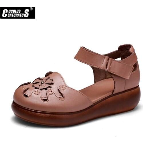 Cuculus High Quality Flat Women Sandals Genuine Leather Ankle Wrap Flower Casual Ethnic Retro Peep Mother Ladies Shoes