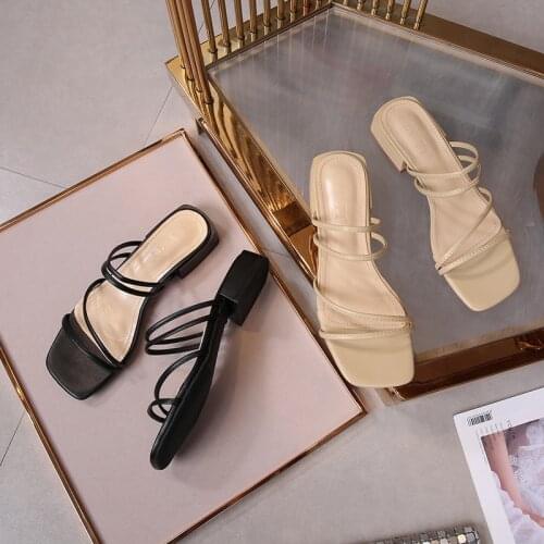 Leisure 2-ways wearing square toe sandals thick low heels gladiator sandalias femme roman concise open toe narrow band flipflops