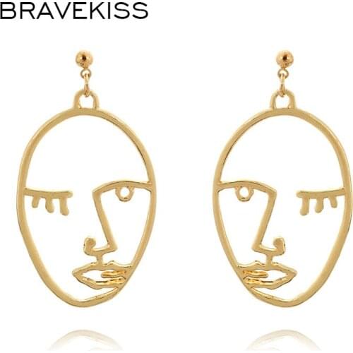 BRAVEKISS Gold/Silver Color Vintage Metal Face Stud Earrings For Women Fashion Jewelry Statement Earrings Girls Gift BPE1420