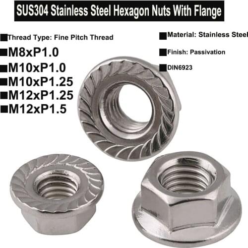 SUS304 Hexagon Nuts With Flange Fine Thread M8 M10 M12