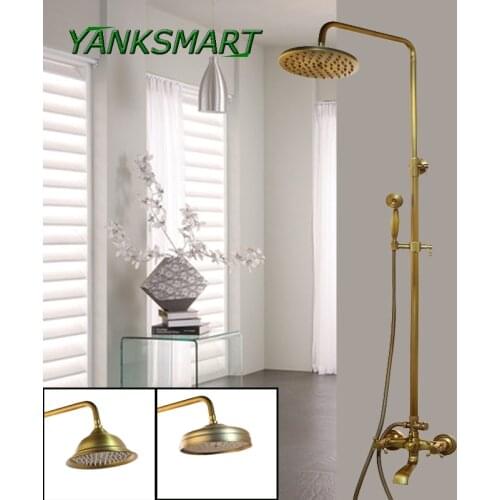 YANKSMART Antique Rain Shower Faucets Set with Hand Brass Wall Mounted Shower Mixer for Bathroom Bath Luxury Rainfall Shower Set