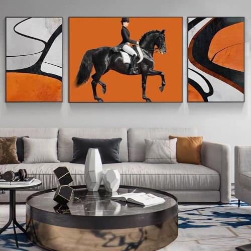Modern Black Orange Block Wall Art Printing Abstract Equestrian Canvas Painting Living Room Home Decoration