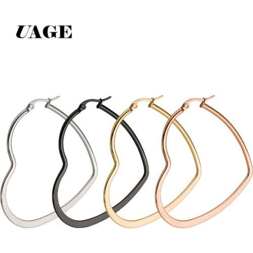 UAGE Minimalist Stainless Steel Silver Color Hollow Big Heart Hoop Earrings Smooth Earrings Rings Ear Loop Wedding Gift
