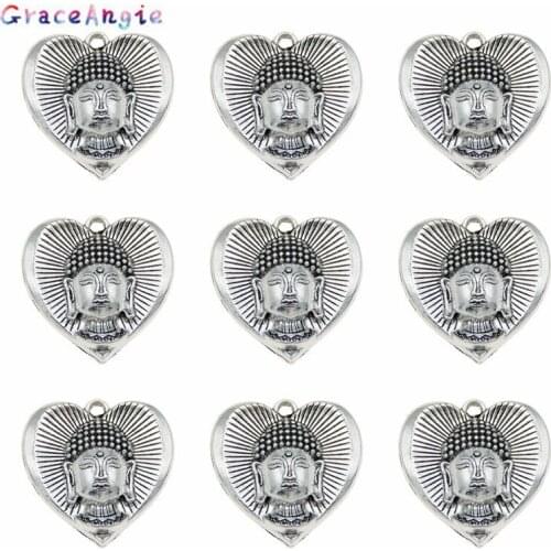 5PCSHeart Charms Jewlery Pendany Alloy 32mm Necklace Silver Color Buddha Charms Religious Jewelry Handmade Metal Pendants DIY
