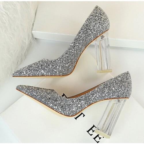 Women 10cm High Heels Glitter Scarpins Silver Block Clear Heels Pumps Lady Wedding Bridal Transparent Chunky Shoes Drop Ship