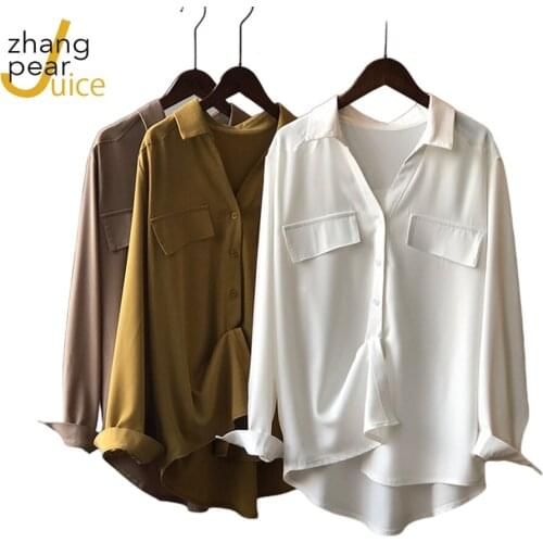 Women Office Lady Blouses Spring Turn Down Collar Single Breasted Shirt Pocket Long Sleeve White Tops Shirt Blouse Causal