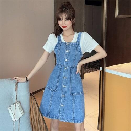 Korean Fashion Denim Sundress Women Sleeveless Single Breasted Slim Midi Jeans Strap Dress Preppy Style Vestido De Mujer