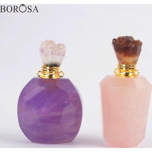 Perfume Bottle Pendant natural gems stone Magical Medicine Bottle Amethysts rose quartzs Essential Oils Diffuser charm WX1199