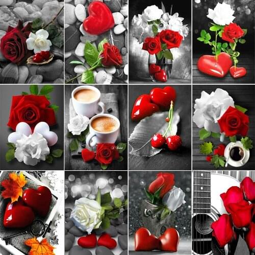 5D DIY Diamond Painting Red Rose Full Circle Diamond Flower Black and White Painting Mosaic Rhinestone Home Decoration Gift