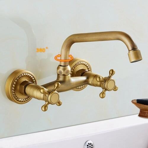 Antique Brass Double Handle Bathroom Faucet Swivel Spout Kitchen Mixer Faucets Hot And Cold Basin Sink Mixer Tap KD1206