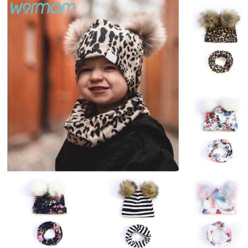 Warmom European and American Childrens Printed Furball Hat And Scarf Two-piece Set