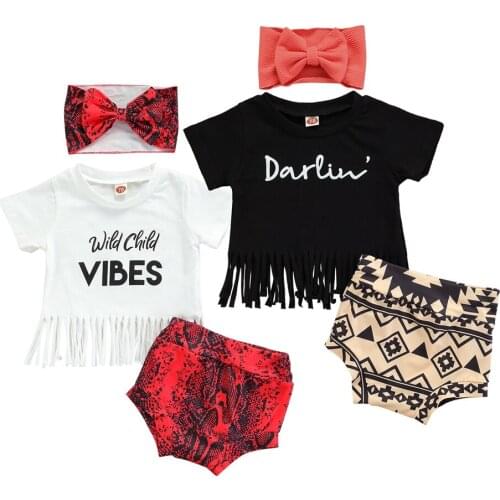 3Pcs Newborn Baby Girl Summer Outfits Short Sleeve Letter Print Tassel Tops + Elastic Shorts + Headband Sets