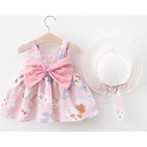 2Piece Summer Toddler Girl Clothes Set Baby Beach Dresses Cute Bow Plaid Sleeveless Cotton Newborn Princess Dress+Sunhat