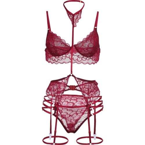 Strap Lace Bra Panties Garter 3PCS Exotic Sets Women Exotic Underwear Sexy Halter Lingerie Set Nightwear Lenceria Sensual Mujer