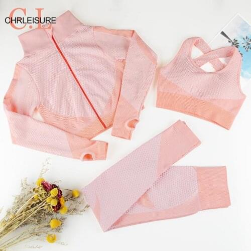 CHRLEISURE Seamless Tracksuit Women Zipper 2/3 Piece Set Women Fitness Sport Set High Stretchy Gym suits High Waist Leggings