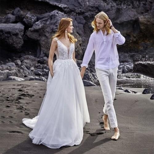 Summer Beach A-Line Princess Wedding Dresses Boho Lace V-neckline White Bridal Gowns 2021 Vestidos De Fiesta