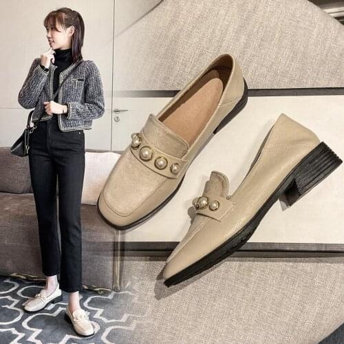 Pearl beads rivets slip on loafers shoes for women velvet patchwork pu leather zapatos folds grain square toe female shoes 34-43