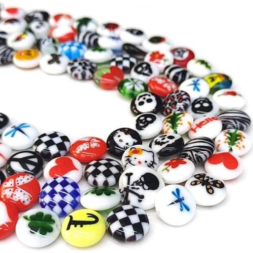 Strand About 30pcs 12mm Mixed Color Pattern Lampwork Beads Loose Spacer Oblate Circle Lampwork Bead For Jewelry Making DIY