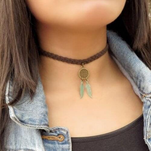 Choker Necklace Suede Choker Necklace Bohemian Feather Necklace Trendy Bohemian Feather Suede Choker Necklace