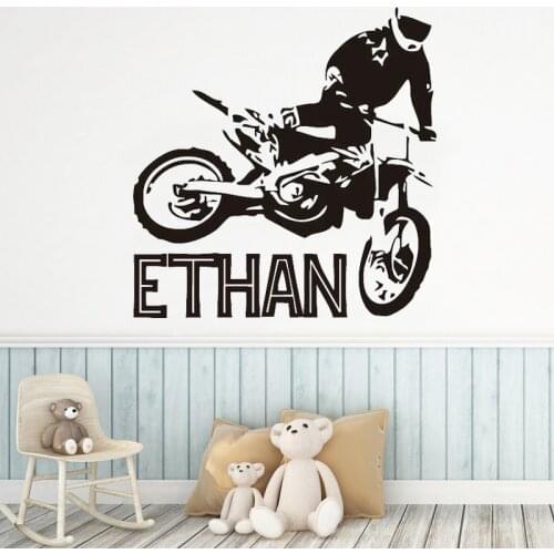 Personalized Motocross Wall Sticker Custom Boys Kids Name Stickers Babys Bedroom Motorcycle Vinyl Decal Motorcyclists Art Mural