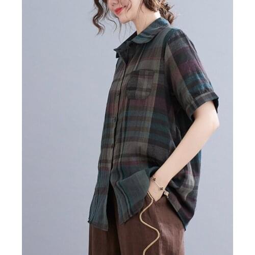 Casual Blouse 2021 New Arrival Short Sleeve Loose Summer Blouse Cotton Plaid Fashion Blouse Plus Size L-5XL Women Blouse Shirts