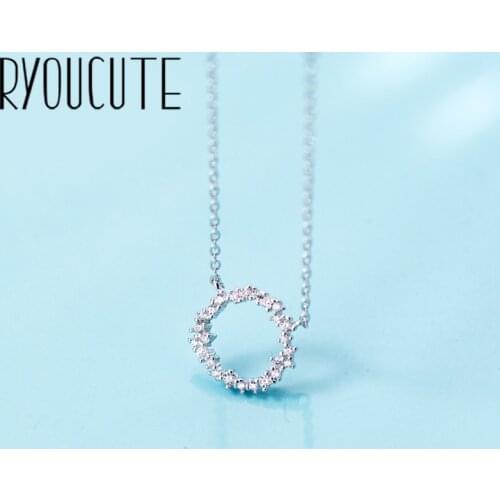RYOUCUTE 100% Real Pure Silver Color Jewelry Long Zirconia Circle Round Choker Necklaces For Women Gifts Kolye Collar