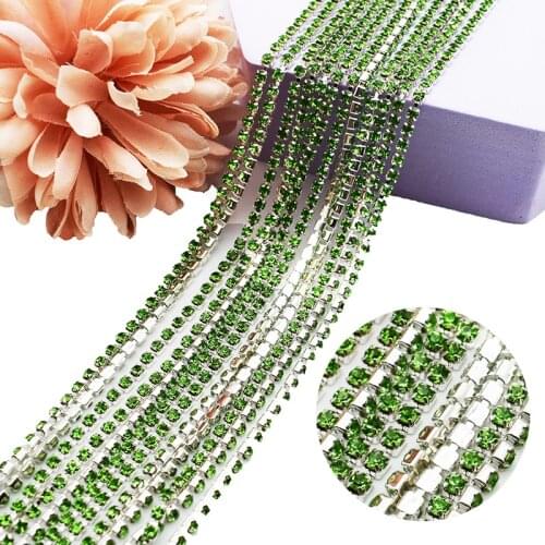 Sewing Crystal Silver Base Light Green Glass Rhinestones Chain for DIY Clothing 5 Yards/Lot