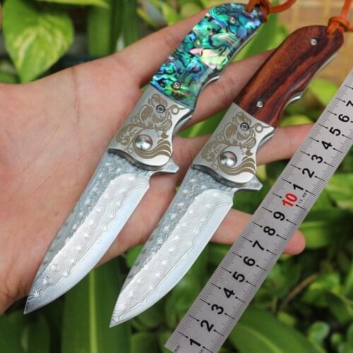 Damascus Blade Folding Knife Abalone Shell Handle Pocket Survival Camping Fruit Knives Outdoor Rescue Fishing Gift EDC Tools