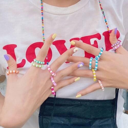 Vedawas Korean Colorful Cute Transparent Resin Acrylic Handmade Beaded Adjustable Round Rings for Women Jewelry Party Girl Gifts