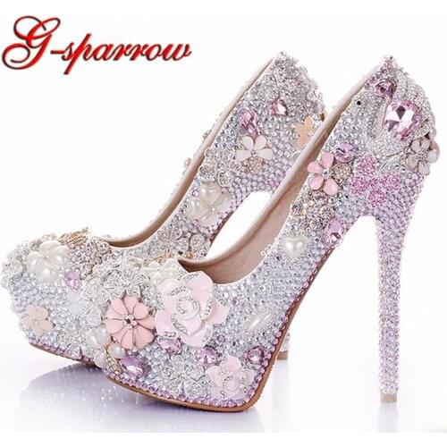 Gorgeous Rhinestone Flower Pink Wedding Shoes Stiletto Heel 14cm Crystal Bridal Prom Bridesmaid Shoes for Mermaid Wedding Dress