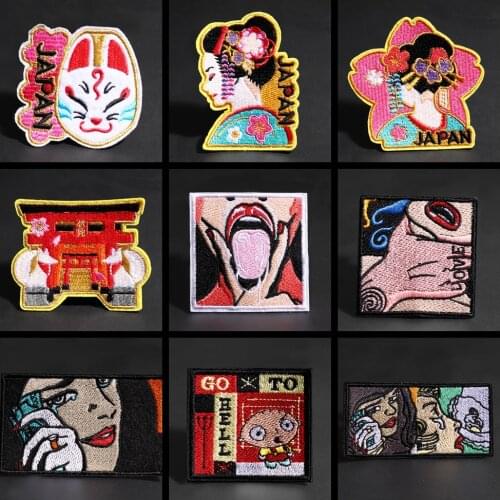 Japan Hua Kui Fox face Sexy Girl Lips Letter Iron on Patches Hip Hop Embroidery Patch Rock Clothing Diy Appliques Accessories