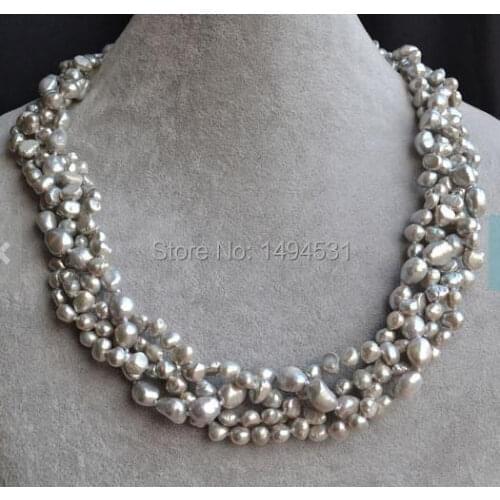 Wholesale Pearl Jewelry , 4 Strands 6-10mm Gray Color Baroque Shape Choker Natural Freshwater Pearl Necklace , Handmade Jewelry