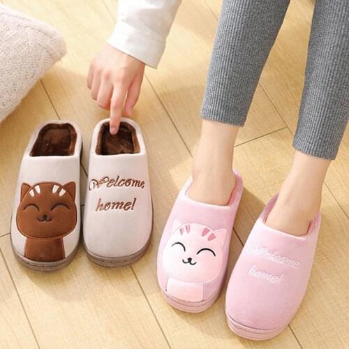2021 Winter Cotton Slippers Women Home Platform Slides Cute Cartoon Cat Non-slip Warm Plush Indoors Bedroom Floor Furry Shoes