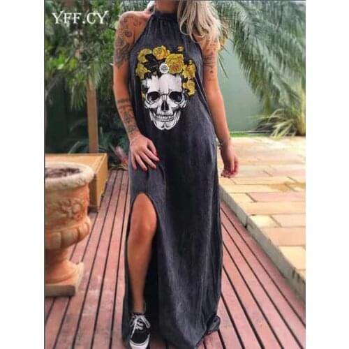 2020 Summer Dresses Women Punk Style Loose Halter Neck Sleeveless Skull Print Dress Female Street Side High Split Flower Print