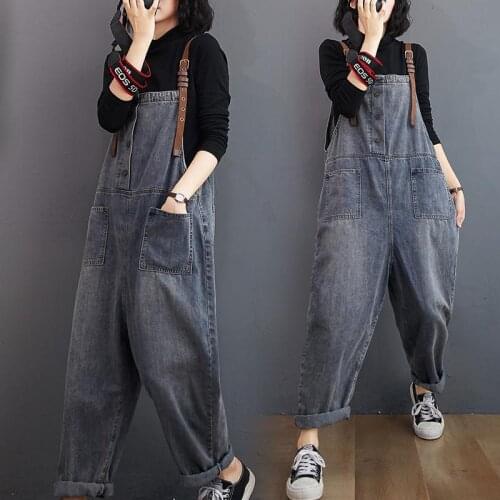 Retro Denim Bib Women 2021 Slim Korean Pants Jeans Loose Wide-leg Nine-point Overalls Jumpsuit Trousers Streetwear