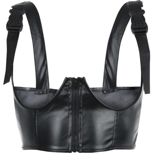 Women Gothic Punk Crop Top Faux Leather Cupless Zipper Buckle Chest Harness Vest F42F