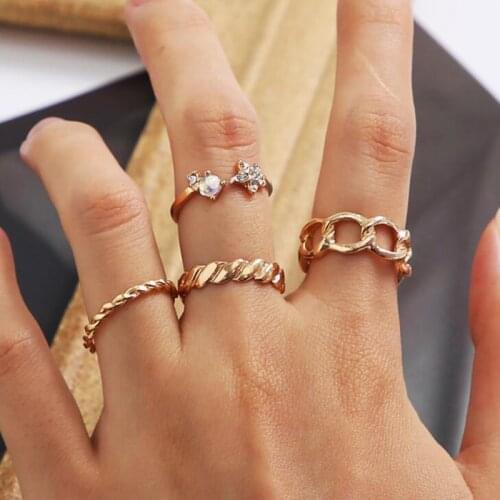 4Pcs/Set Holllow Thick Twist Chain Ring for Women Geometric Crystal Joint Finger Ring Gothic Vintage Romantic Jewelry Gift