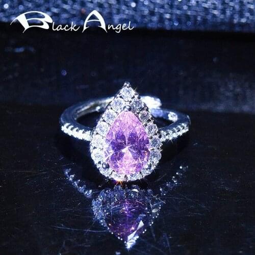 BLACK ANGEL 925 Sterling Silver Ring Large Water Drop Shaped Pink Gemstone Citrine For Women Wedding Party Fashion Jewelry Gift