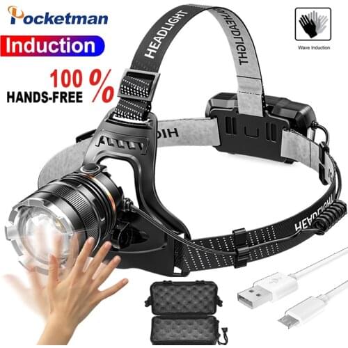 60000LM Zoomable LED Waterproof Headlamp Motion Sensor Rechargeable Head Torch 90° Rotatable Adjustable Runners Fishing Camping
