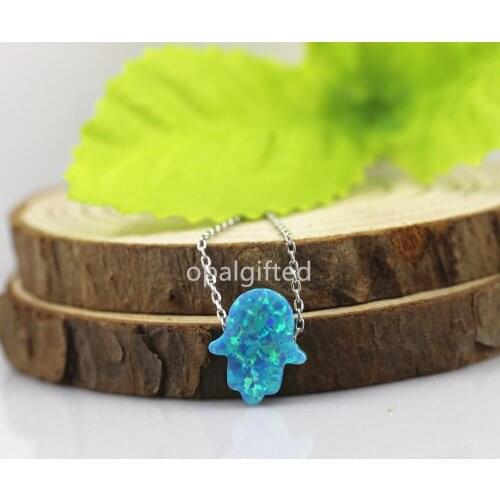 1pc/lot)Synthetic op73 Blue 11x13mm Opal Hamsa Necklace 925 Silver Hand shape Opal Pendant necklace for sale Aliexpress