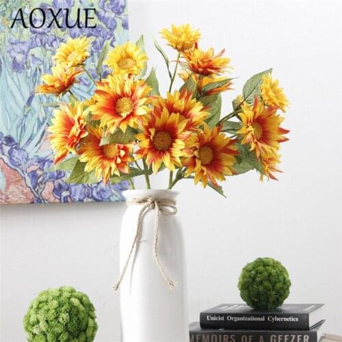 AOXUE 5 heads Sunshine Sunflower Simulation Fake Bouquet Home Living Room Wedding Christmas Decoration Vase Flower Arrangement